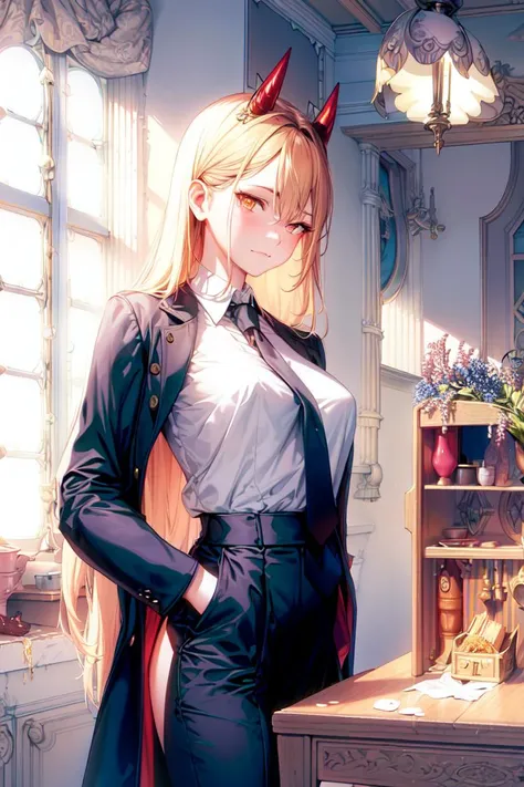 masterpiece, (ultra detailed background, delicate pattern, intricate detail, highly detailed, fine details), best quality, Power, 1girl, horns, solo, teeth, sharp teeth, ((closed mouth)), cross-shaped pupils, long hair, yellow eyes, ((blonde hair, small breasts)), red horns, jacket, (complex detailed background, inside, kitchen environment, room, table, food, window, sunny, cowboy shot), (((cross-shaped pupils, symbol-shaped pupils))), white shirt, pants, collared shirt, black necktie, blue jacket, <lora:DetailTweaker:0.5>, <lora:Power:0.8>, <lora:GoodHands-vanilla:0.7>
