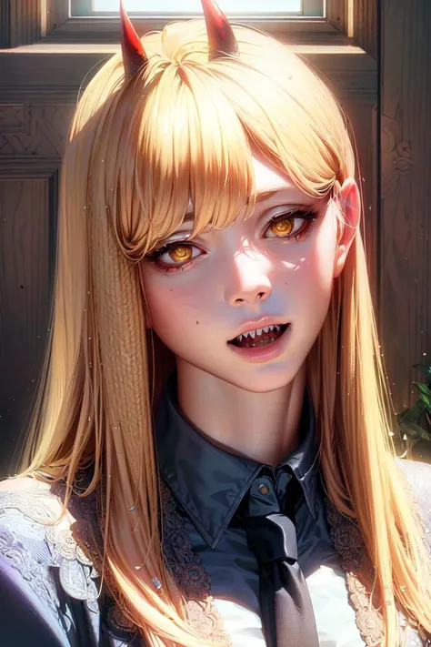 ultra realistic 8k cg, masterpiece, ((ultra detailed background, delicate pattern, intricate detail)), (highly detailed, fine details), best quality, (photorealistic:1.4),beautiful lighting, absurdres, RAW photo, film grain, Power, 1girl, horns, solo, teeth, sharp teeth, (hyperdetailed teeth, hyperdetailed mouth), long hair, yellow eyes, ((blonde hair)), red horns,  jacket, (complex detailed background, inside, kitchen environment, room, open mouth, table, food, window, sunny, close-up, portrait), (((cross-shaped pupils, symbol-shaped pupils))), white shirt, pants, collared shirt, black necktie, blue jacket, <lora:DetailTweaker:0.5>,   <lora:PowerFinal:0.8>