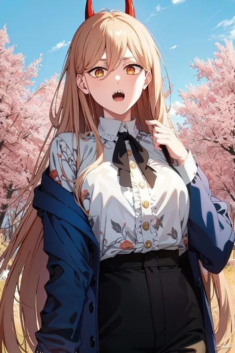 masterpiece, (ultra detailed background, delicate pattern, intricate detail), (highly detailed, fine details), best quality, beautiful lighting, csm anime style, PowerV2, 1girl, solo, long hair, blonde hair, red horns, cross-shaped pupils, (symbol-shaped pupils, hyperdetailed eyes, hyperdetailed pupils), yellow eyes, sharp teeth, complex detailed background, blue sky, day, outdoors, medium hair, open mouth, (cowboy shot), blue jacket, white collared shirt, black pants, <lora:PowerV2:0.8>