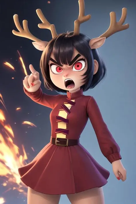 (disney pixar 3d cartoon style:1.15) (cute adorable reindeer anthro girl:1.2) (adult age 19:1.1) sexy smile, thin and fit, large pixar eyes, youthful, red christmas outfit (angry, mad, yelling facial expression:1.3)