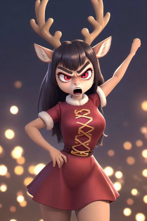 (disney pixar 3d cartoon style:1.15) (cute adorable reindeer anthro girl:1.2) (adult age 19:1.1) sexy smile, thin and fit, large pixar eyes, youthful, red christmas outfit (angry, mad, yelling facial expression:1.3)