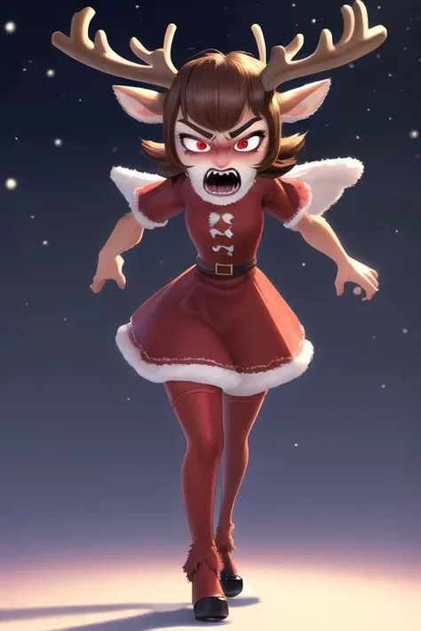 (disney pixar 3d cartoon style:1.15) (cute adorable reindeer anthro girl:1.2) (adult age 19:1.1) sexy smile, thin and fit, large pixar eyes, youthful, red christmas outfit (angry, mad, yelling facial expression:1.3)