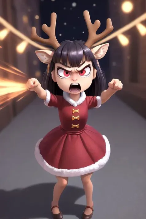 (disney pixar 3d cartoon style:1.15) (cute adorable reindeer anthro girl:1.2) (adult age 19:1.1) sexy smile, thin and fit, large pixar eyes, youthful, red christmas outfit (angry, mad, yelling facial expression:1.3)