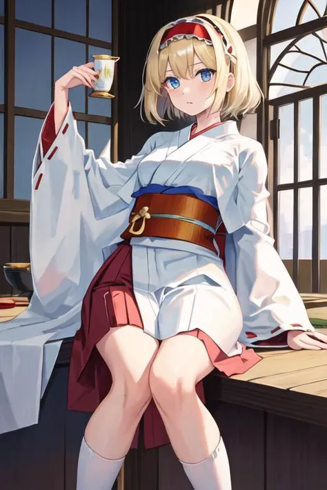 best quality, masterpiece, highres, solo, {white kimono:1.35}, {red hakama:1.35}, {wide sleeves:1.20}, {alice_margatroid_touhou:1.15}, blonde_hair, short_hair, hairband, blue_eyes, capelet
