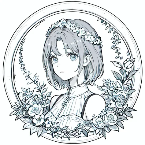 ((best quality)), ((masterpiece)), ((ultra-detailed)), (illustration), (detailed light), (an extremely delicate and beautiful), a girl, cute face,plant house,glass <lora:animeLineartMangaLike_v30MangaLike:0.7>,[(white background:1.5),::5],simple background, wreath, (round floral framed:1.5),cropped shoulder, <lora:CarolV4.0a:0.8>, upper body,