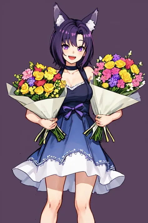 (no one: 1.5), ( ragdoll anthropomorphic: 1.5), single, wolf tail, wolf ears, purple eyes, open mouth, simple background, smiling, standing, looking at viewer, holding a bouquet of flowers,  <lora:CarolV4.0a:0.7>