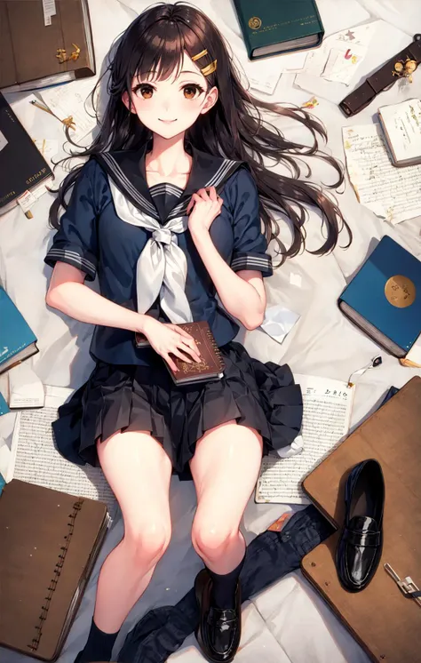 1girl, black_footwear, book, brown_eyes, grey_skirt, hair_ornament, hairclip, holding_book, loafers, long_hair, looking_at_viewer, manga_\(object\), neckerchief, notebook, open_book, paper, papers, pleated_skirt, red_hair, sakurauchi_riko, school_uniform, serafuku, sheet_music, shoes, short_sleeves, sitting, skirt, smile, solo, uranohoshi_school_uniform, white_background <lora:style_BSR:1>