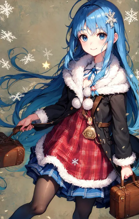 1girl, ahoge, bag, bangs, bicycle, black_legwear, blue_eyes, blue_hair, blue_skirt, boots, capelet, closed_mouth, dress, eyebrows_visible_through_hair, fur_trim, ground_vehicle, hair_ornament, long_hair, long_sleeves, looking_at_viewer, luggage, motor_vehicle, pantyhose, plaid, skirt, smile, snowflakes, solo, very_long_hair <lora:style_BSR:1>