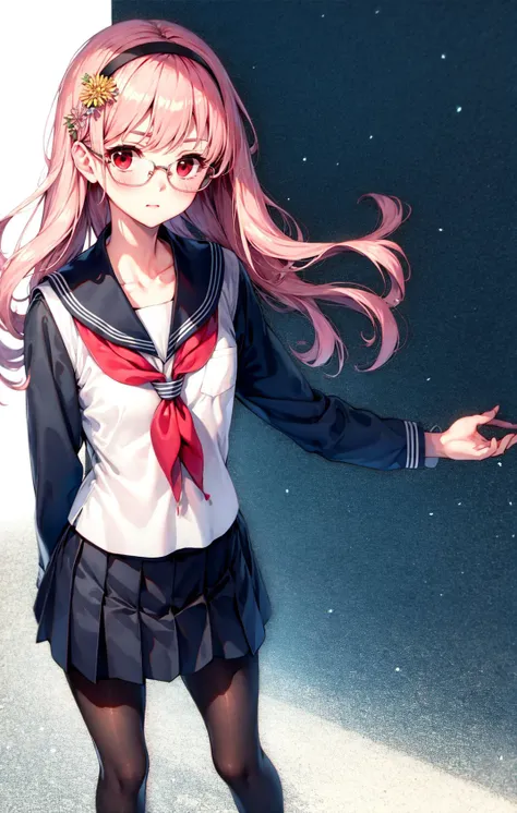 1girl, bangs, black_legwear, blush, brown_footwear, collarbone, eyebrows_visible_through_hair, full_body, glasses, hair_ornament, hairband, loafers, long_hair, long_sleeves, looking_at_viewer, neckerchief, pantyhose, pink_hair, pleated_skirt, red_eyes, sailor_collar, school_uniform, semi-rimless_eyewear, serafuku, shoes, simple_background, skirt, solo, standing, under-rim_eyewear, wavy_hair, white_background <lora:style_BSR:1>