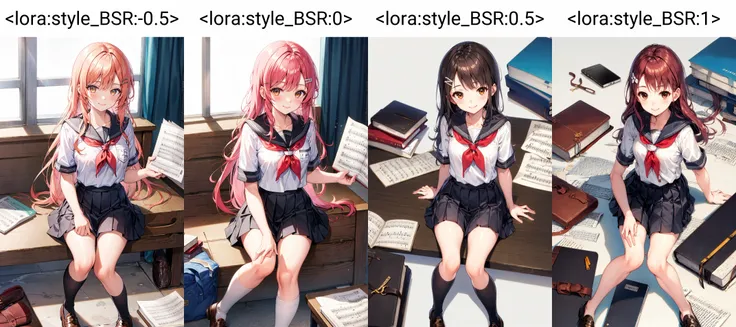 1girl, black_footwear, book, brown_eyes, grey_skirt, hair_ornament, hairclip, holding_book, loafers, long_hair, looking_at_viewer, manga_\(object\), neckerchief, notebook, open_book, paper, papers, pleated_skirt, red_hair, sakurauchi_riko, school_uniform, serafuku, sheet_music, shoes, short_sleeves, sitting, skirt, smile, solo, uranohoshi_school_uniform, white_background <lora:style_BSR:-0.5>