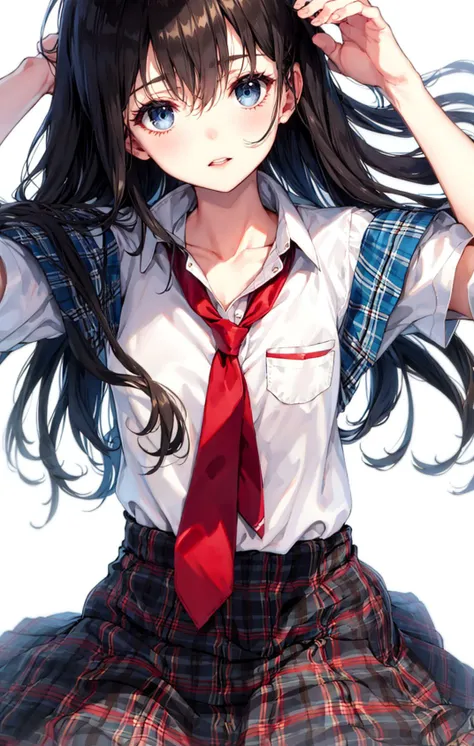 1girl, bangs, black_hair, blue_eyes, bow, bowtie, brown_skirt, checkered_skirt, collarbone, eyebrows_visible_through_hair, hair_between_eyes, hand_in_hair, long_hair, looking_at_viewer, parted_lips, plaid, plaid_background, plaid_bow, plaid_bowtie, plaid_dress, plaid_necktie, plaid_neckwear, plaid_pants, plaid_ribbon, plaid_scarf, plaid_shirt, plaid_skirt, pleated_skirt, red_bow, school_uniform, shirt, short_sleeves, simple_background, sitting, skirt, solo, unmoving_pattern, very_long_hair, white_background, white_shirt <lora:style_BSR:1>