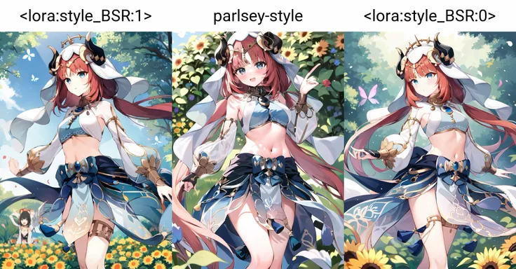1girl,
beautiful, elegant,
<lora:nilouGenshinImpact_v10:1.1:MIDD> nilou (neither flower nor mist) (genshin impact), aqua eyes, fake horns, red hair, long hair, crop top, jewelry, horns, veil, bracer, brooch, long sleeves, puffy long sleeves, skirt, bangs, twintails, puffy sleeves, neck ring, gold trim, parted bangs, circlet, blue skirt, hair ornament, detached sleeves, low twintails, floating hair, gem, blue gemstone, dancer, white headwear, midriff, very long hair,
around the garden, flowers, butterflies, sunlight, sunflowers, lilies, roses, nature, petals, lens flare,
<lora:add_detail:0.2> <lora:style_BSR:1>