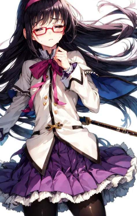 1girl, aiming, akemi_homura, argyle, argyle_legwear, arm_at_side, arms_at_sides, beretta_92, black_hair, black_hairband, black_legwear, bow_\(weapon\), bubble_skirt, capelet, cowboy_shot, crying, dot_nose, expressionless, eyebrows_visible_through_hair, eyewear_removed, floating_hair, flying_sweatdrops, frilled_skirt, frills, grey_skirt, gun, hair_down, hairband, half-closed_eyes, handgun, high_collar, holding_gun, holding_weapon, kaname_madoka, long_hair, magical_girl, magical_musket, neck_ribbon, pantyhose, pink_hair, pistol, pleated_skirt, purple_capelet, purple_eyes, purple_ribbon, purple_skirt, red-framed_eyewear, ribbon, sad, shield, shiny, shiny_hair, simple_background, single_earring, skirt, small_breasts, solo, soul_gem, standing, straight_hair, tears, thighs, weapon, white_background <lora:style_BSR:1>