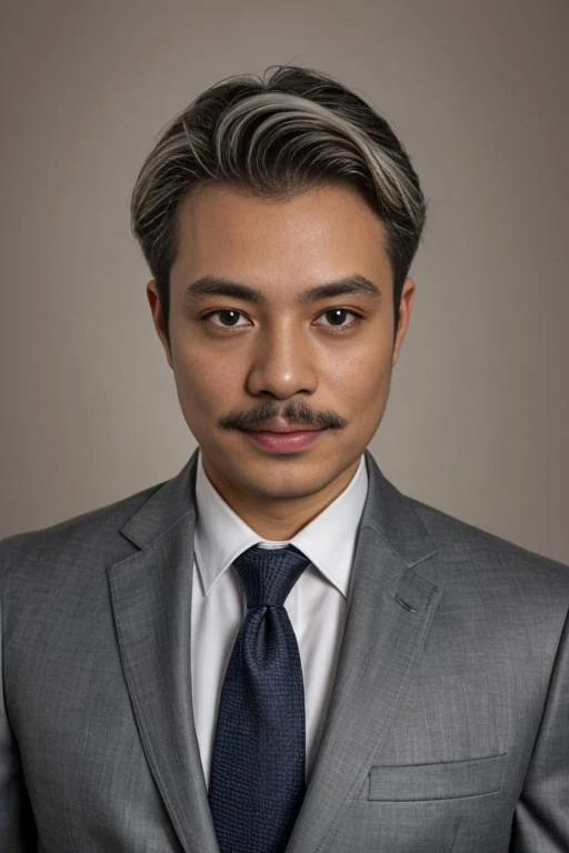 masterpiece, best quality, highest quality, amazing details, 8k, realistic, (looking at viewer), ((half body)), posing, studio light, 
man, ombre silver hair, square face, round face, double chin, vietnamese, 
Mustache, small chin, 
suit, tie, shirt, 
simple background,
<lora:CHROUS01:0.2> <lora:CHROUS02:0.2> <lora:Chrou0.2> <lora:more_details:0.2> <lora:add_detail:0.2> <lora:ç·è¥¿è£:0.2>