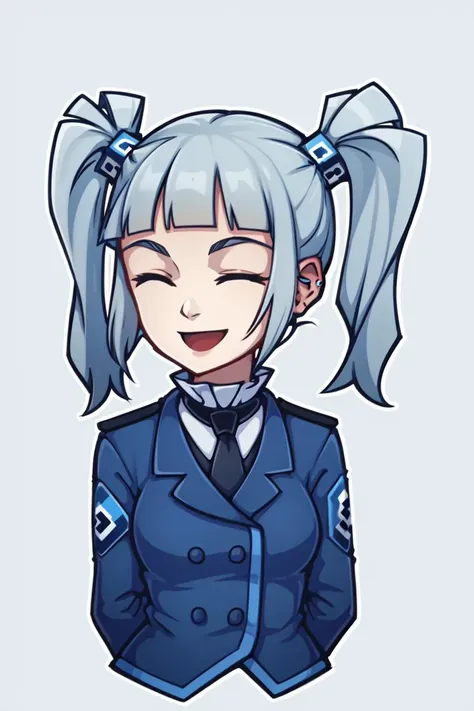 sticker, (die-cut sticker:1.4),
1girl, solo, standing, upper body, facing viewer, rkn-chan, arms behind back,
aqua hair, long hair, blunt bangs, twintails, hair ornament,
closed eyes,
smile,
medium breasts,
blue jacket, black necktie, rkn symbol,
white outline, black background, simple background,
<lora:easy_sticker:1> <lora:RKN-Chan:1>