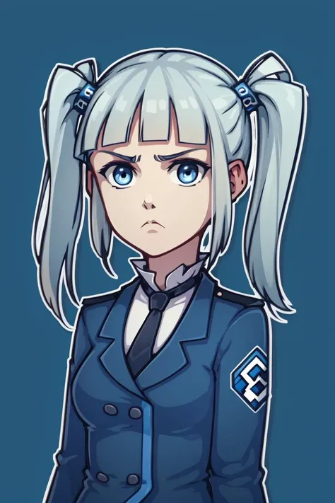 sticker, (die-cut sticker:1.2),
1girl, solo, standing, upper body, facing viewer, rkn-chan, rkn symbol,
aqua hair, long hair, blunt bangs, twintails, hair ornament,
blue eyes, expressionless, emotionless,
medium breasts,
blue jacket, black necktie,
white outline, black background, simple background,
<lora:easy_sticker:1> <lora:RKN-Chan:1>