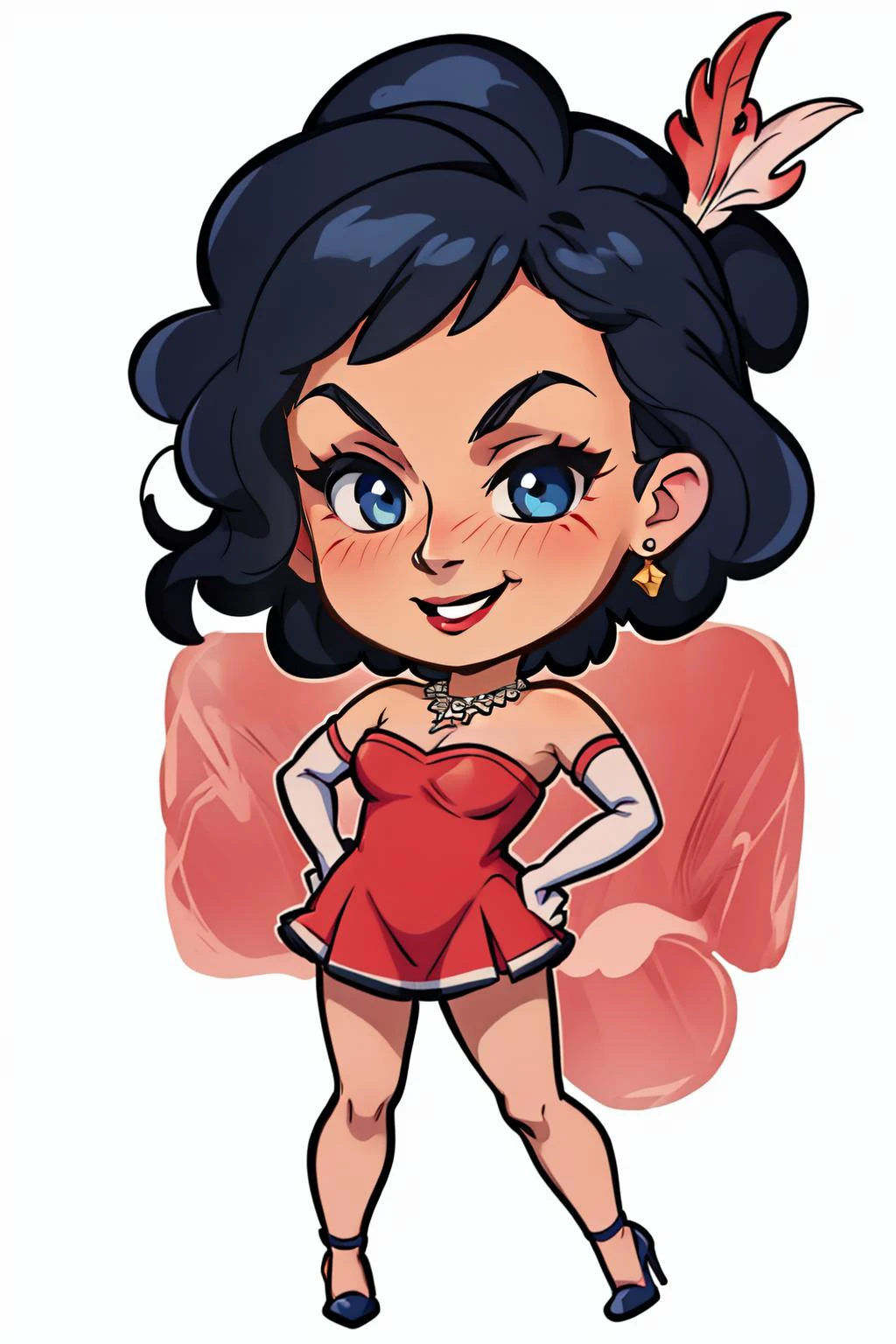<lora:rzstyle-10:.85> masterpiece, best quality, DarkCabalChibiStyle, comic illustration, 1girl, full body, chibi, f3nn, blue eyes, short hair, black hair, rzstyle, pinup, blush, smirk, parted lips, halftone, <lora:Degen-pinkdress:0.7> pinkdress, feather hair ornament, elbow gloves, hand on hip, necklace, jewelry, heels, <lora:easy_sticker:0.8> sticker, simple background thick outline, white background, sassy, <lora:DarkCabalChibiStyle:.8> <lora:F3nn_40:.6>, beauty mark,