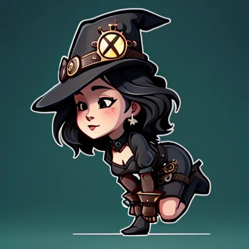 NSFW, curvy short little ginger witch, (spreading legs:1.1), (full body shot:1.3), (die-cut sticker:1.2), (simple background:1.2), (solid outline:1.2), <lora:easy_sticker:1>, low camera angle, from below, steampunk world,  detailed accessories