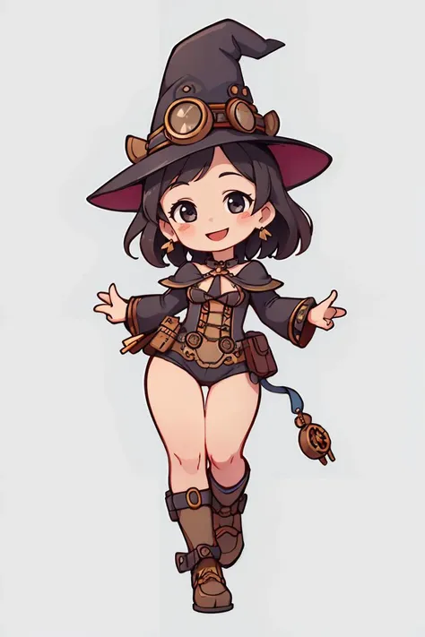 chibi,shy curvy short little dancing witch, (smiling:1.1) face, (full body shot:1.3), die-cut sticker, (simple background:1.2), solid outline, <lora:easy_sticker:0.8>, low camera angle, from below, steampunk world, detailed accessories