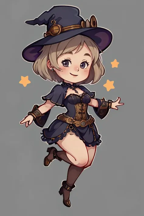 chibi,shy curvy short little dancing witch, (smiling:1.1) face, (full body shot:1.3), die-cut sticker, (simple background:1.2), solid outline, <lora:easy_sticker:0.8>, low camera angle, from below, steampunk world, detailed accessories