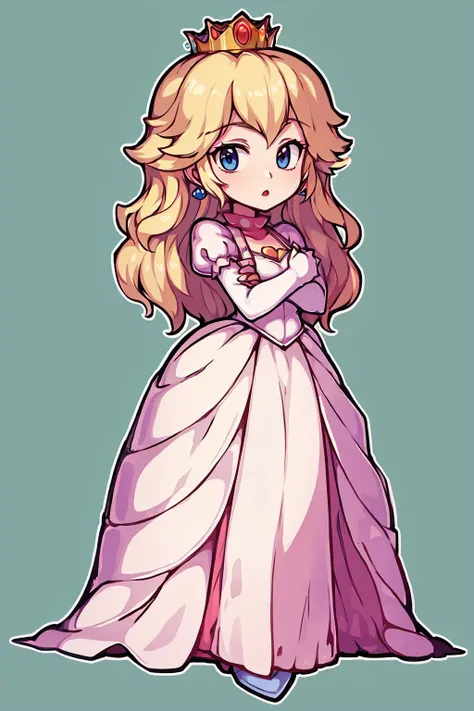 (best quality, masterpiece),
(princess peach), simple background, full body, (solid outline:1.2), <lora:peach:0.5>,<lora:easy_sticker:1>