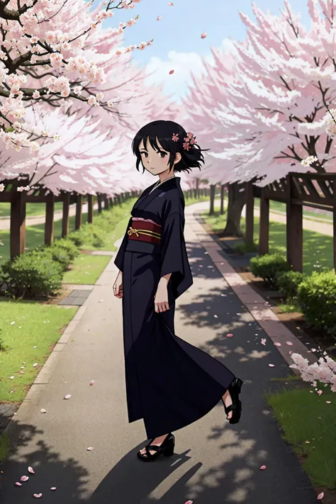 an elegant anime woman wearing a black silk kimono at dawn under sakura trees, petals flowing in the the wind <lora:Iswearifthisdoesnotwork:0.5> tr90style