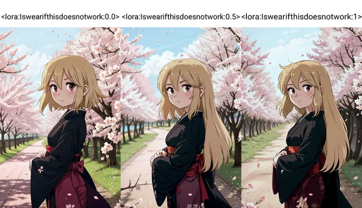 an elegant anime woman, long blonde windswept hair, wearing a black silk kimono at dawn under sakura trees, petals flowing in the the wind <lora:Iswearifthisdoesnotwork:0.0> tr90style, bokeh, shiny