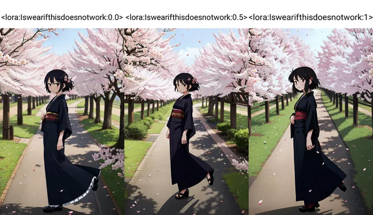 an elegant anime woman wearing a black silk kimono at dawn under sakura trees, petals flowing in the the wind <lora:Iswearifthisdoesnotwork:0.0> tr90style