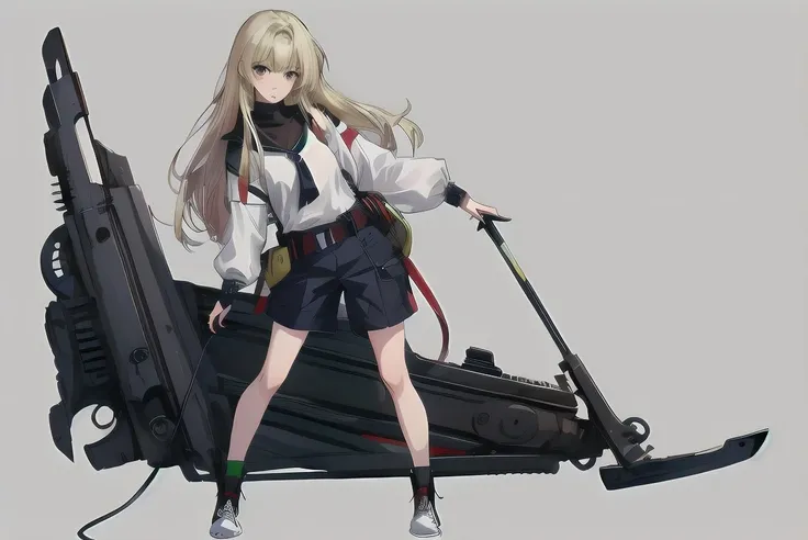 solo, 1girl, <lora:Iswearifthisdoesnotwork:0.6>, tr90style, full body, white shirt, very long hair, blonde hair,