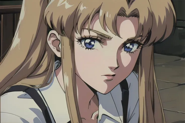 solo, 1girl, closeup, white shirt, very long hair, blonde hair, 1990s \(style\),    tr90style,  <lora:Iswearifthisdoesnotwork-000003:1>,