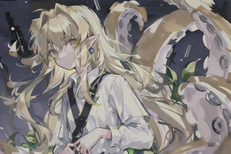 solo, 1girl, white shirt, very long hair, blonde hair, 1990s \(style\), tr90style, <lora:Iswearifthisdoesnotwork-000003:1>, <lora:Squidlegs_V1.0:1.0>, squidlegs