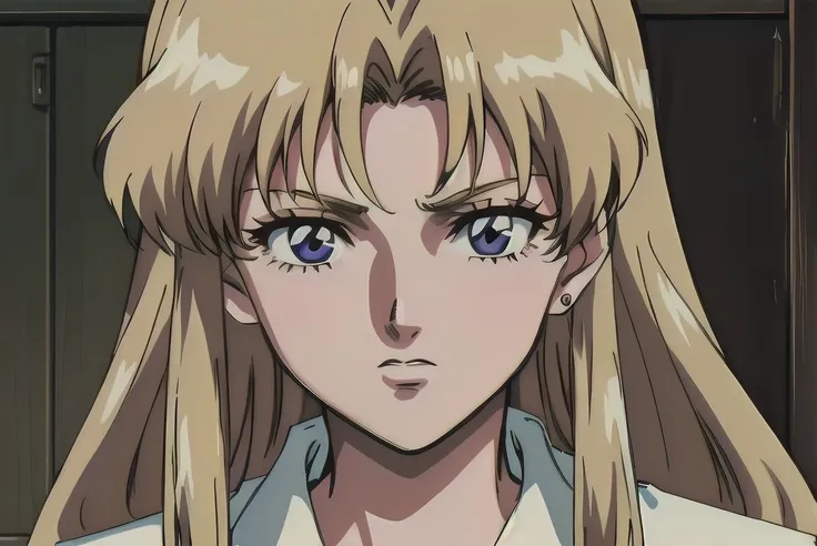 solo, 1girl, closeup, white shirt, very long hair, blonde hair, 1990s \(style\), tr90style, <lora:Iswearifthisdoesnotwork-000003:1>,