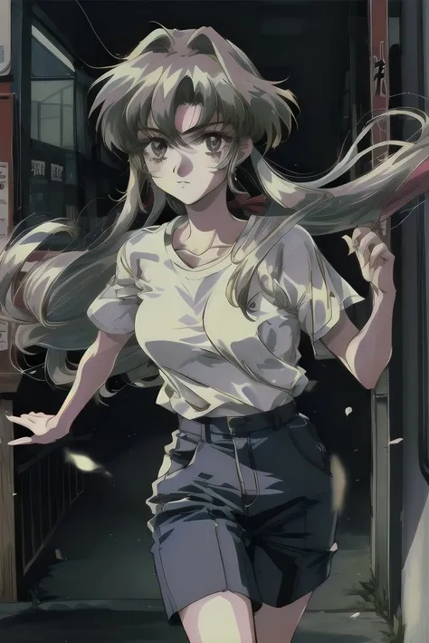 solo, 1girl, white shirt, very long hair, blonde hair, 1990s \(style\), tr90style, running, <lora:Iswearifthisdoesnotwork:1.0>, closeup, vibrant