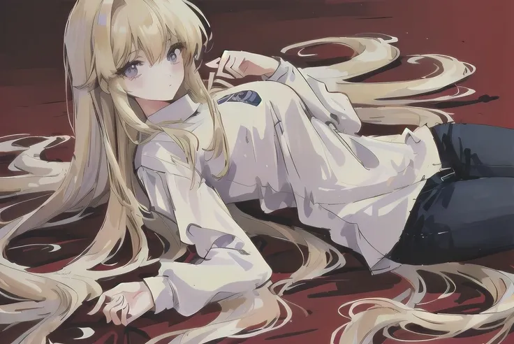 solo, 1girl, white shirt, very long hair, blonde hair, 1990s \(style\), tr90style, <lora:Iswearifthisdoesnotwork:1>