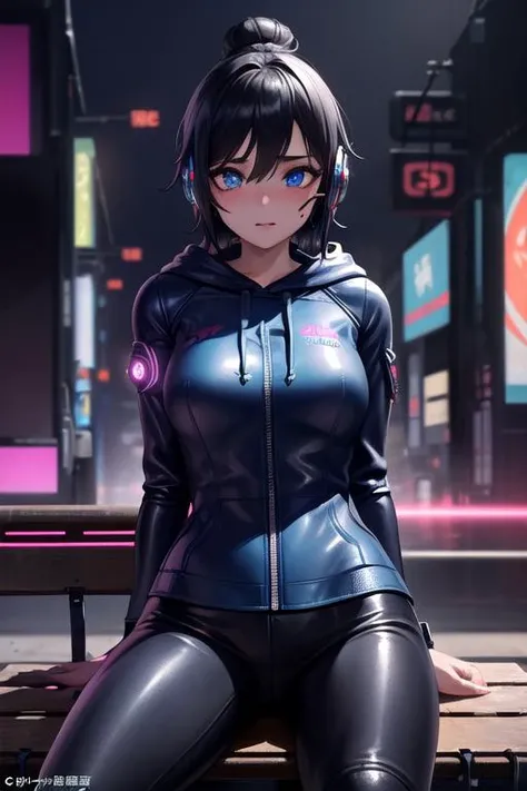((masterpiece:1.4)), ((best quality:1.4)), 1girl, (((blue eyes))), ((black_hair)), ((short hair, single hair bun)) ((medium_size_breasts)), (((facial expression:Happy:0.75))), arms behind back, nature, ((Sitting on bench in Cyber Punk Tokyo:1.4)), ((Looking_at_viewer: 1.5)), ((Background: In Cyberpunk Tokyo:1.4)), ((Wearing Headset)), ((((wraith)))), ((SFW)), (((Clothes: Blue Leather Armored Hoodie))), ((highly detailed, expressive detailed eyes, wide eyed, detailed pupils)), (Black Pants)
<lora:WraithLora:0.65>,