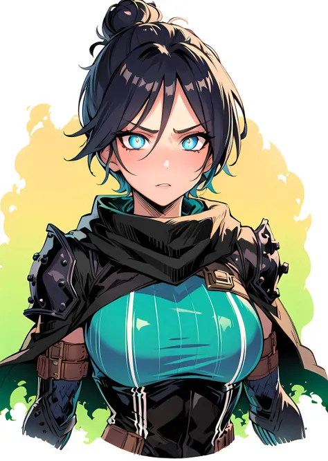 1girls, solo, wraith, masterpiece, highly detailed, blue eyes, detailed eyes, expressive detailed eyes, wide eyed, detailed pupils, black hair, short hair, bun hair, bun, jacket, short cape, futuristic light body armor, skintight leggings <lora:WraithV1ALT:1>