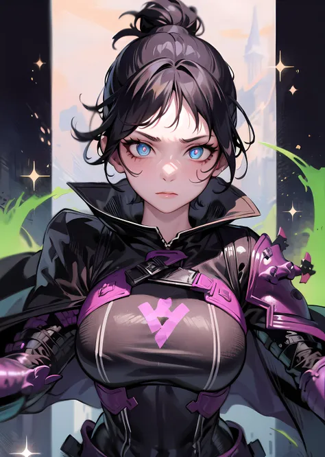 1girl, solo, wraith, masterpiece, highly detailed, blue eyes, detailed eyes, expressive detailed eyes, wide eyed, detailed pupils, black hair, short hair, single hair bun, jacket, short cape, futuristic light body armor, skintight leggings <lora:WraithV2:1>