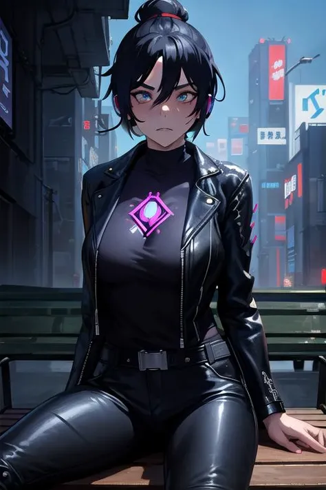 ((masterpiece:1.4)), ((best quality:1.4)), 1girl, (((blue eyes))), ((black_hair)), ((short hair, single hair bun)) ((large_size_breasts)), (((Facial Expression: Angry:1)(), arms behind back, nature, ((Sitting on bench in Cyber Punk Tokyo:1.4)), ((Looking_at_viewer: 1.5)), ((Background:In Cyberpunk Tokyo:1.4)), ((Wearing Headset)), ((((wraith)))), ((SFW)), ((((Clothes: Leather Armored Jacket)))), ((highly detailed, expressive detailed eyes, wide eyed, detailed pupils)), (Black Pants) <lora:WraithLora:0.85>,, (Studio ghibli style, Art by Hayao Miyazaki:1.2), Anime Style, Manga Style, Hand drawn, cinematic sensual, Sharp focus, humorous illustration, big depth of field, Masterpiece, concept art, trending on artstation, Vivid colors, Simplified style, trending on ArtStation, trending on CGSociety, Intricate, Vibrant colors, Soft Shading, Simplistic Features, Sharp Angles, Playful