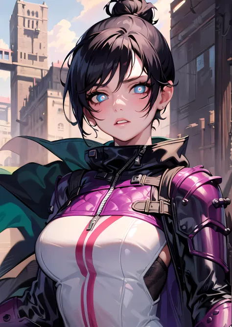 1girl, solo, wraith, masterpiece, highly detailed, blue eyes, detailed eyes, expressive detailed eyes, wide eyed, detailed pupils, black hair, short hair, single hair bun, jacket, short cape, futuristic light body armor, skintight leggings <lora:WraithV2:1>
