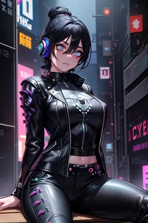 ((masterpiece:1.4)), ((best quality:1.4)), 1girl, (((blue eyes))), ((black_hair)), ((short hair, single hair bun)) ((large_size_breasts)), (((Facial Expression: Angry:1)(), arms behind back, nature, ((Sitting on bench in Cyber Punk Tokyo:1.4)), ((Looking_at_viewer: 1.5)), ((Background:In Cyberpunk Tokyo:1.4)), ((Wearing Headset)), ((((wraith)))), ((SFW)), ((((Clothes: Leather Armored Jacket)))), ((highly detailed, expressive detailed eyes, wide eyed, detailed pupils)), (Black Pants)
<lora:WraithLora:0.85>,