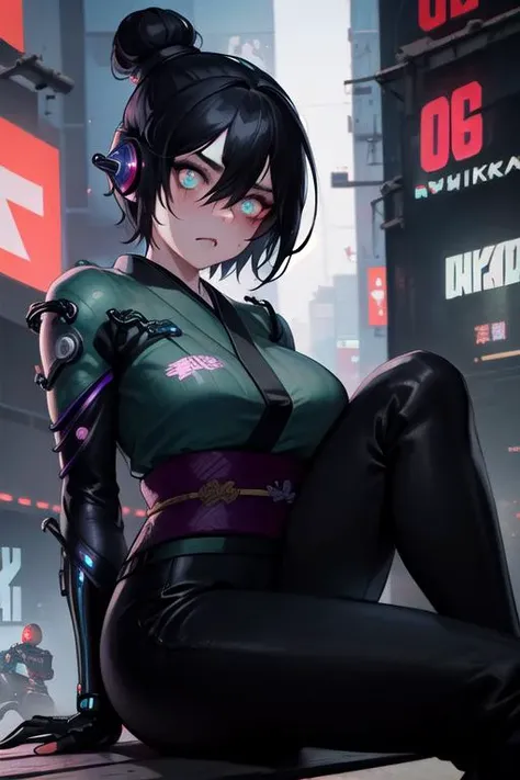 ((masterpiece:1.4)), ((best quality:1.4)), 1girl, (blue eyes), ((black_hair)), ((short hair, single hair bun)) ((large_size_breasts)), (((Facial Expression: Angry:1)(), arms behind back, nature, ((Sitting on bench in Cyber Punk Tokyo:1.4)), ((Looking_at_viewer: 1.5)), ((Background:In Cyberpunk Tokyo:1.4)), ((Wearing Microphone)), ((((wraith)))), ((SFW)), (((Clothes: Kimono))), highly detailed, expressive detailed eyes, wide eyed, detailed pupils, (Black Pants)
<lora:WraithLora:0.85>,