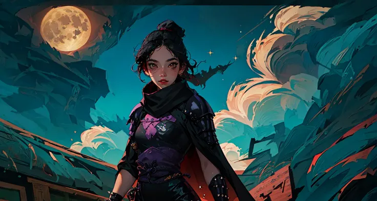 (best quality, masterpiece), 1girl, solo,Japan,(Ninja on a Rooftop),detailed background, Moon, cloud, upper body,cool,purple electronic sparkling around body,looking at viewer,standing,windy,wraith,small lips, black hair, short hair,parted bangs, single hair bun, straight hair,white detailed eyes,jacket, short cape,skintight leggings,spiked light armored clothes,spiked clothes,dark purple suit,black pants, black scarf <lora:WraithV2:0.9>