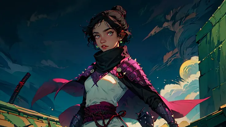 (best quality, masterpiece), 1girl, Japan,(Ninja on a Rooftop),detailed background, Moon, cloud, upper body,cool,looking at viewer,standing,windy,wraith,small lips, black hair, short hair,parted bangs, single hair bun, white detailed eyes,jacket, short cape,skintight leggings,spiked light armored clothes,spiked clothes,dark purple suit, black scarf ,holding knife <lora:WraithV2:0.9>