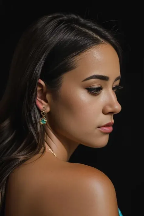 <lora:summ3rgl4u:0.9>, a Realistic photo of a summ3rgl4u woman, long hair, brown hair, brown eyes, jewelry, arm up, bracelet, lips, eyelashes, black background, portrait, realistic, nose, professional Photography, Photorealistic, detailed, inside a dark Studio Room background, blurred background, RAW, analog, sharp focus, 8k, HD, DSLR, high quality, Fujifilm XT3, film grain, award winning, masterpiece