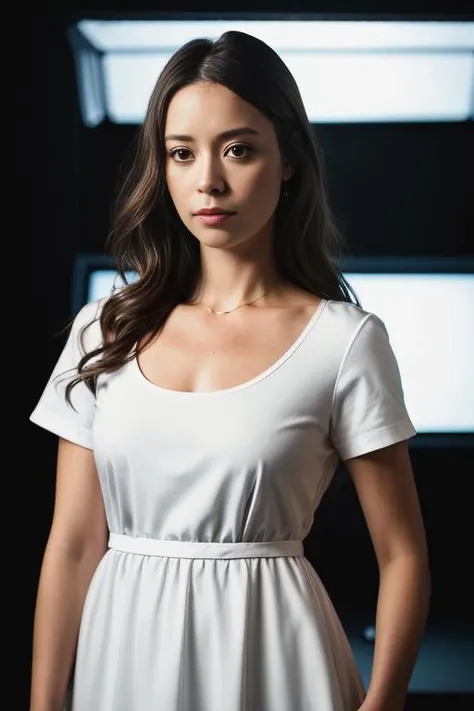 <lora:summ3rgl4u:0.9>, a Realistic photo of a summ3rgl4u woman, long hair, breasts, looking at viewer, brown hair, shirt, dress, brown eyes, collarbone, short sleeves, parted lips, lips, realistic, professional Photography, Photorealistic, detailed, inside a dark Studio Room background, blurred background, RAW, analog, sharp focus, 8k, HD, DSLR, high quality, Fujifilm XT3, film grain, award winning, masterpiece