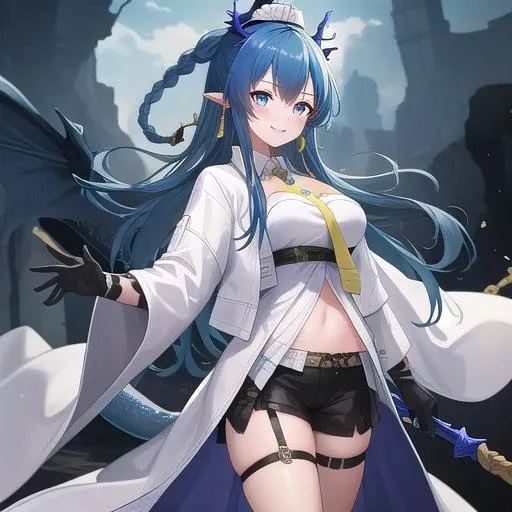((masterpiece)),(best quality),official art,extremely detailed CG,unity 8k wallpaper,ultra detailed,1girl,solo,cowboy shot,very_long_hair,blue_hair,black_shorts,smile,pointy_ears,braid,jewelry,dragon_horns,blue_eyes,looking_at_viewer,earrings,ankle_boots,yellow_necktie,open_coat,white_coat,large_breasts,thigh_strap,long_sleeves,white_footwear,dragon_tail,multicolored_hair,dragon_girl,wide_sleeves,black_gloves,white_shirt,bangs,elbow_gloves,<lora:Ling(ark)>,