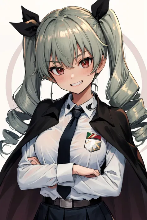 (masterpiece), best quality, (slender, breasts), grin, peace sign, close portrait ,
aaanchovy,long hair,twin drills,bangs,hair ribbon,anzio school uniform,long sleeves,black cape,emblem,black necktie,wing collar,dress shirt,black belt,(black skirt:1.1),white pantyhose,loafers,<lora:anchovy:0.8>,