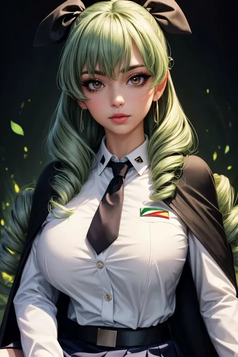 (ultra realistic,32k, masterpiece:1.1),(high detailed skin:1.1), 8k uhd, dslr, high quality,(makeup, mascara:1.1), (thick\lips\),
 <lora:anchovy:0.7>aaanchovy,light green color long hair,twin drills,bangs,hair ribbon,anzio school uniform,long sleeves,black cape,emblem,black necktie,wing collar,dress shirt,black belt,(black skirt:1.1),white pantyhose,, , <lora:add_detail:0.84>, huge breast, (upper body:1.1),
(looking at viewer, sitting:1.1),,
,(ambient lighting:1.1), blank background