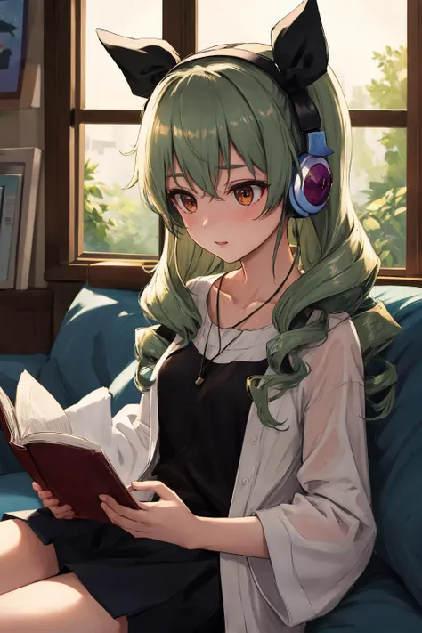 masterpiece,best quality,highres,ultra-detailed,aaanchovy,long hair,twin drills,bangs,hair ribbon,<lora:anchovy:0.8>, casual oufit, upper body, sit, loffy girl, headphone, listening music, reading book, windows, night
