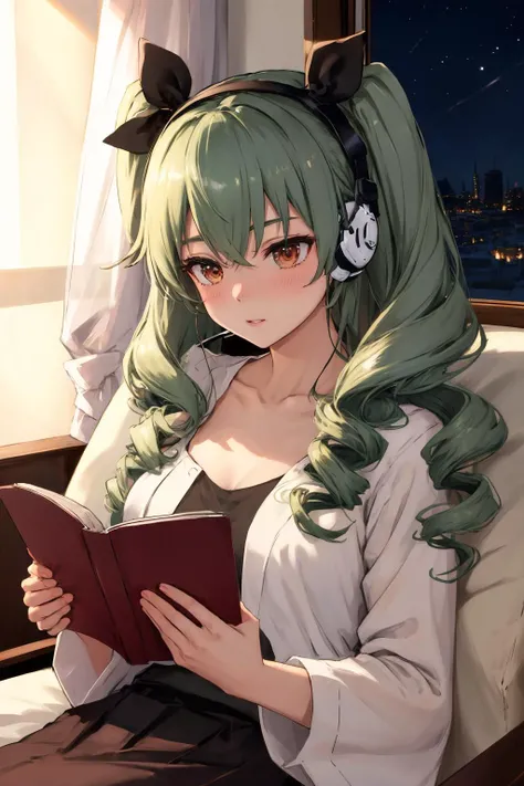 masterpiece,best quality,highres,ultra-detailed,aaanchovy,long hair,twin drills,bangs,hair ribbon,<lora:anchovy:0.8>, casual oufit, upper body, sit, loffy girl, headphone, listening music, reading book, windows, night